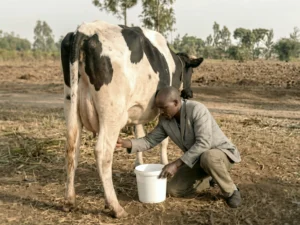 A local man tending to and milking a cow in an open field, highlighting the mission's focus on providing long-term, sustainable food sources to families in need.