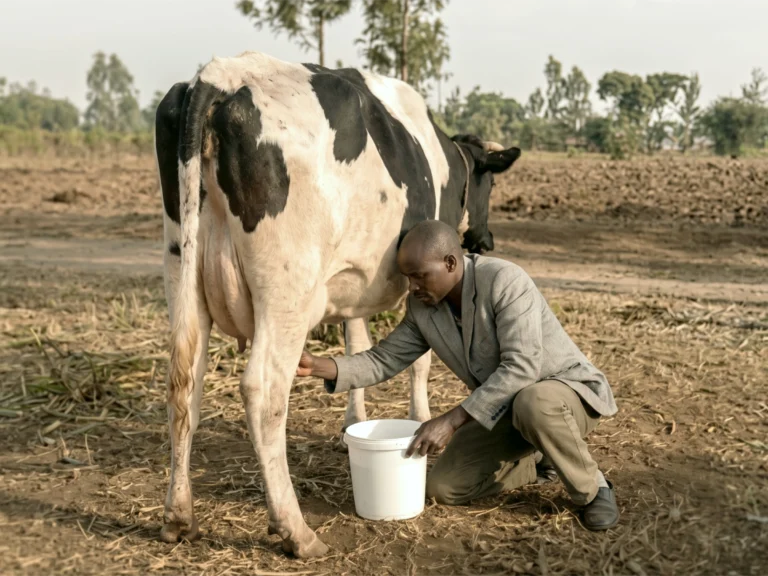 A local man tending to and milking a cow in an open field, highlighting the mission's focus on providing long-term, sustainable food sources to families in need.
