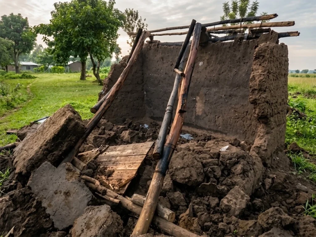 A stark scene showing the ruins of a collapsed mud home, with rubble and fallen wooden beams illustrating the devastating destruction that left families in need of urgent restoration.