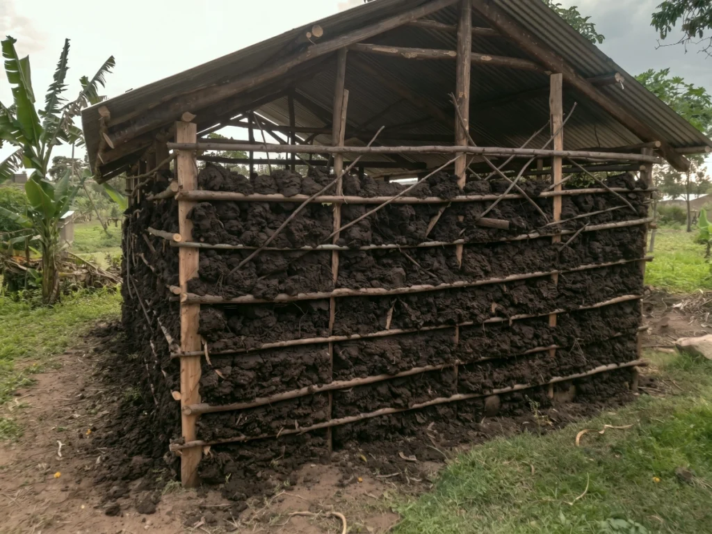 Thick, dark mud is packed securely into a wooden lattice frame to form the sturdy walls of a brand-new home being built for a local widow and her sons.