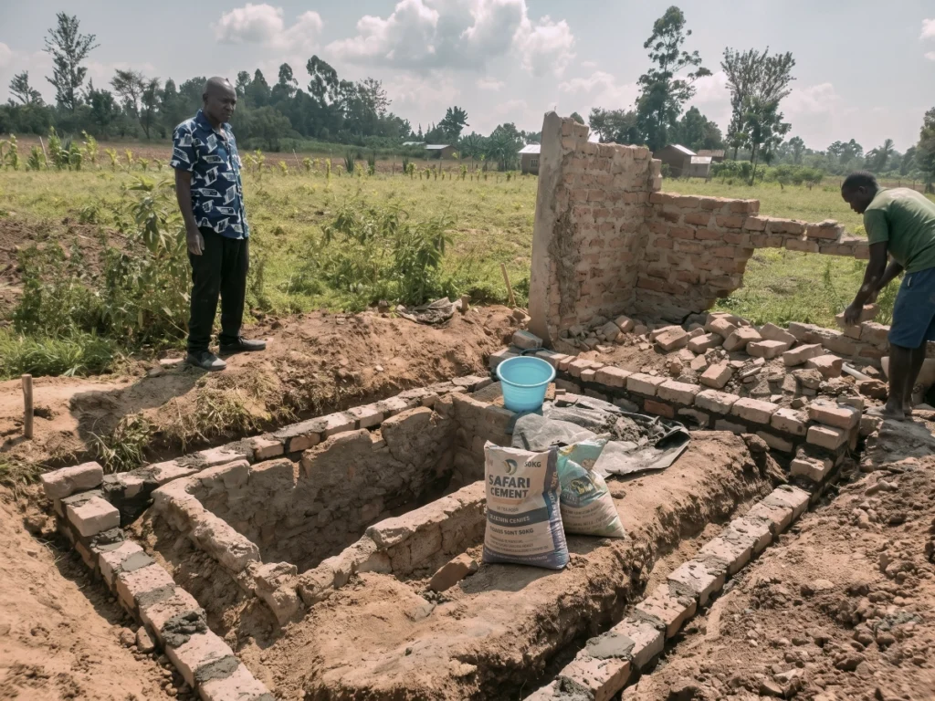 A construction site in a rural area showing the foundational brickwork for a new sanitation facility, with bags of Safari Cement ready for use and a man standing nearby overseeing the progress