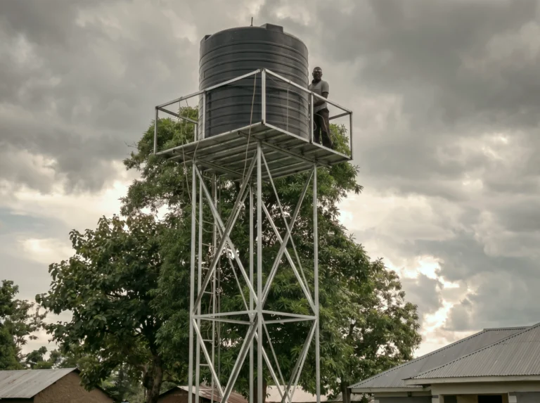 A large, elevated black water tank installed on a steel tower to provide a secure and clean water foundation for a rural community in Kenya.