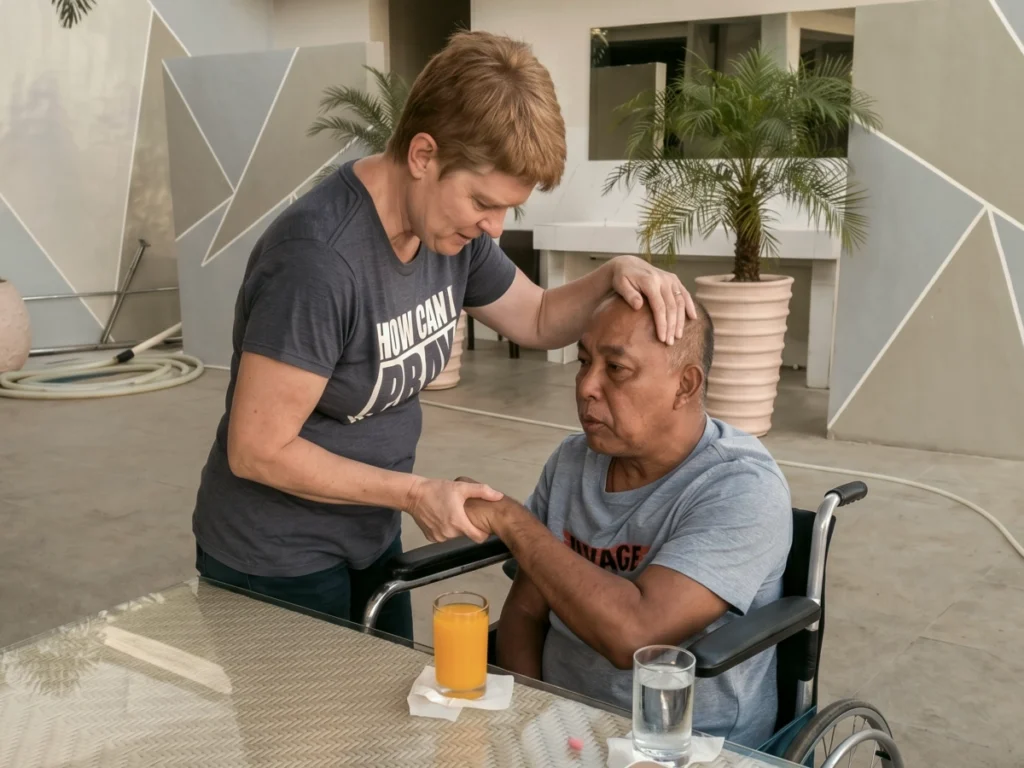 Missionary Lisa Beth Adams, wearing a "How Can I Pray" shirt, gently places her hand on the head of a local man seated in a wheelchair, holding his hand as they pray together.